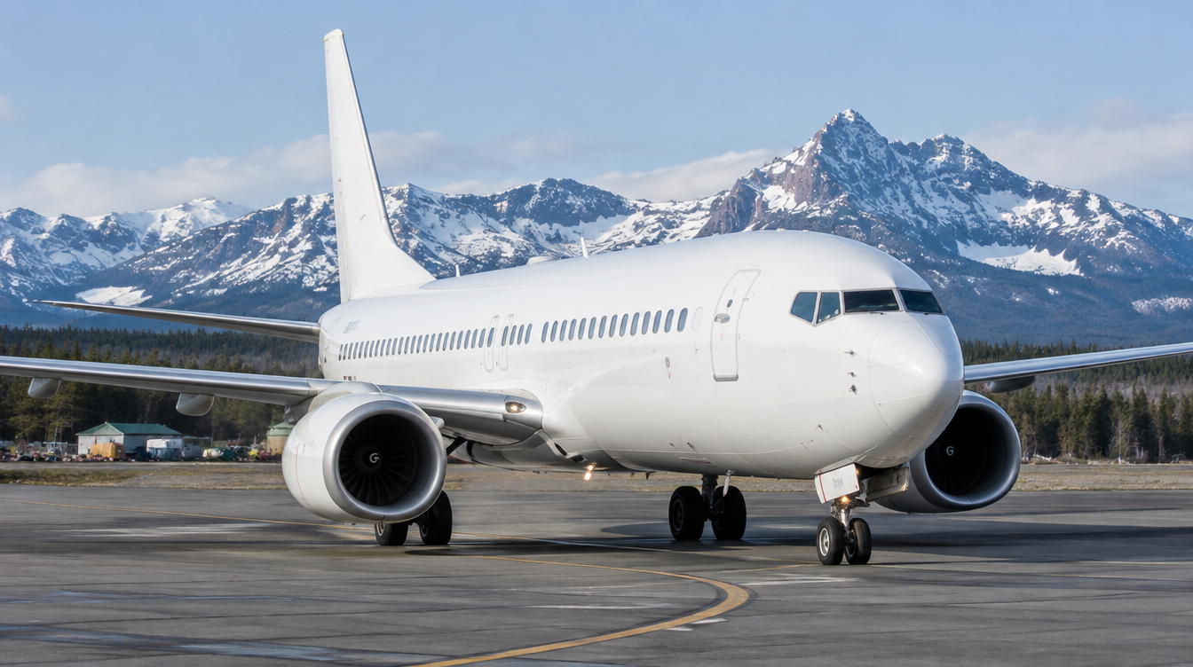Unbranded Boeing 737 taxiing at an Alaskan technical stop with snow-dusted mountains beyond