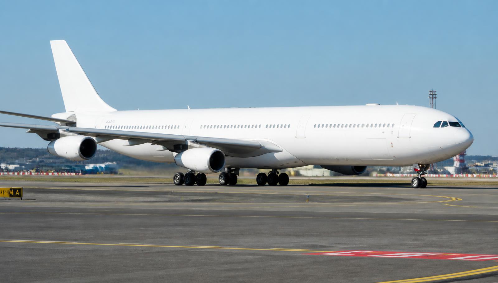 Airbus A340 taxiing on an airport taxiway in daylight