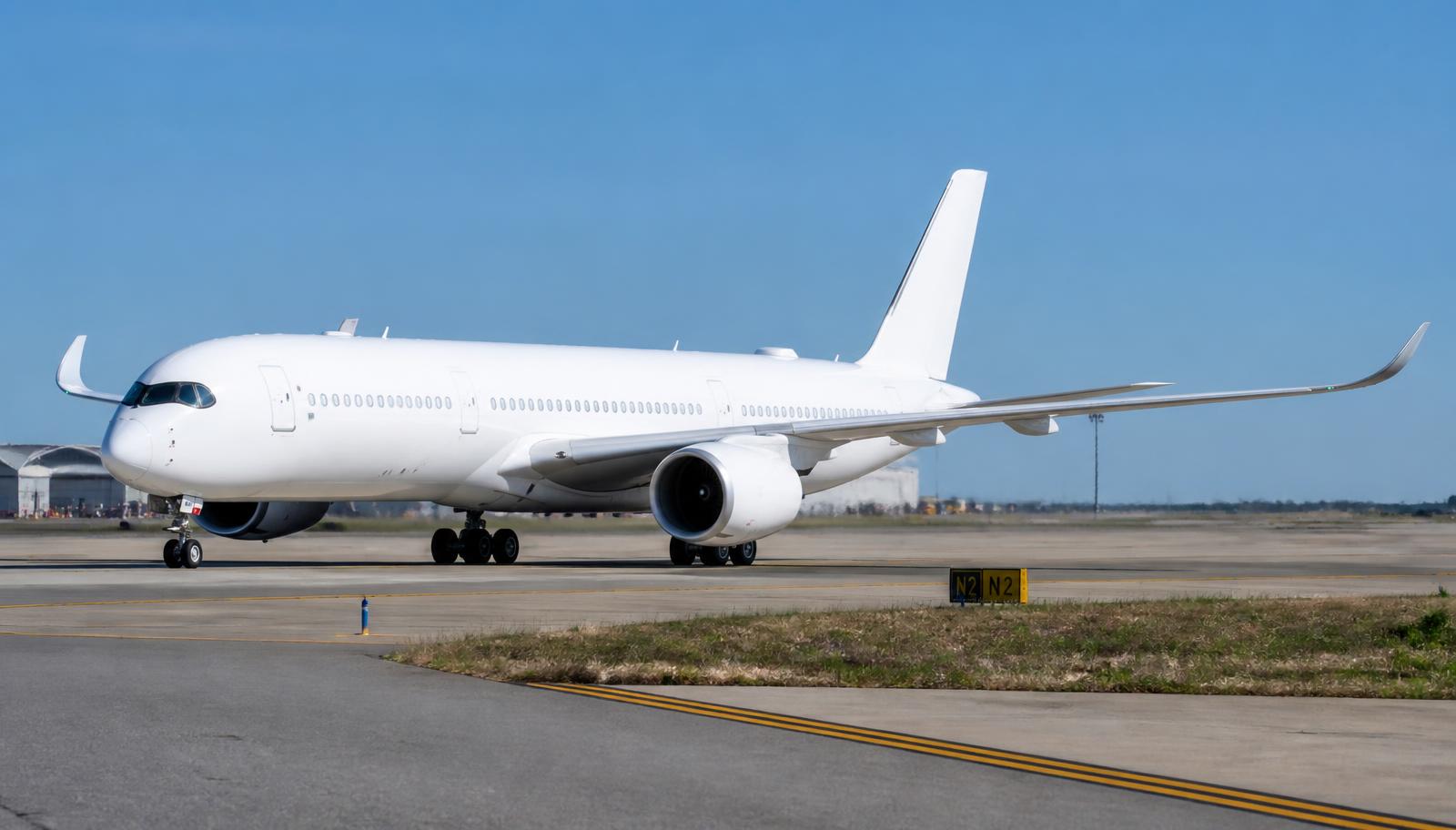 Airbus A350 taxiing on an airport taxiway in daylight