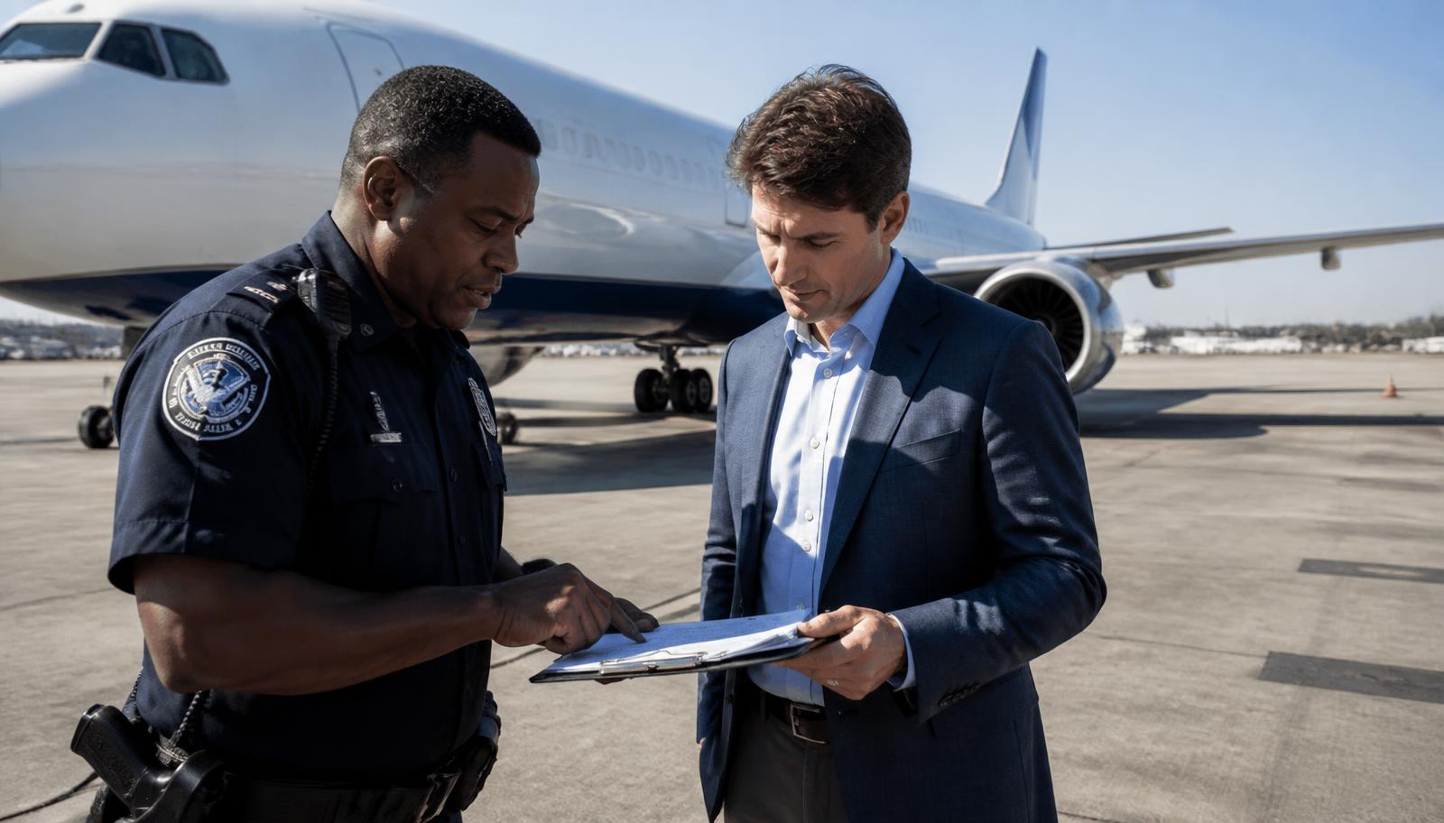 CBP officer and an aviation broker reviewing aircraft import entry paperwork beside a parked jet