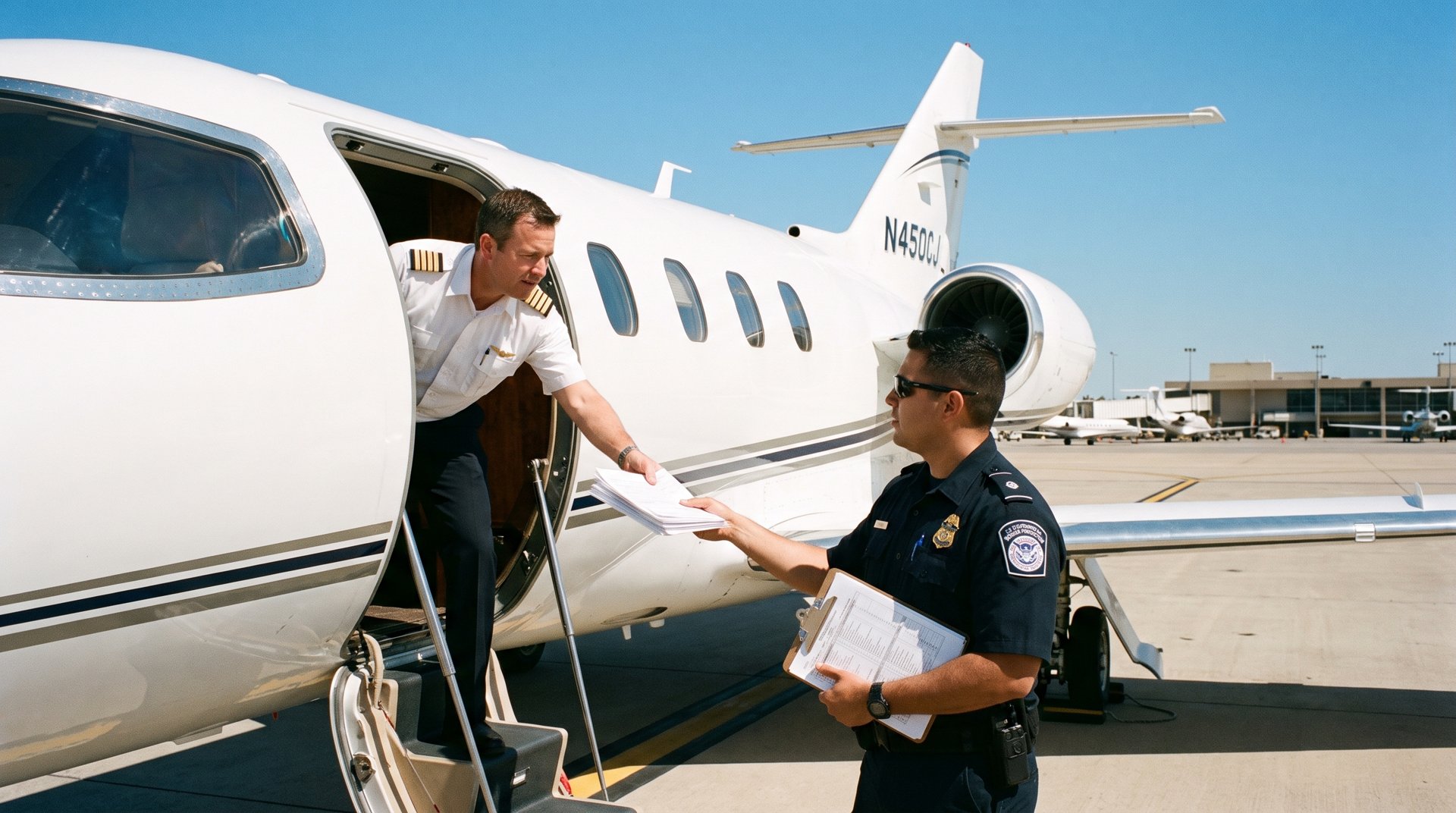 US Customs and Border Protection officer reviewing arrival paperwork beside a jet on a sunlit ramp