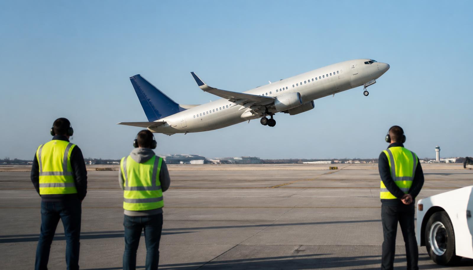 Narrowbody airliner departing a US airport on an export delivery flight watched by ground crew