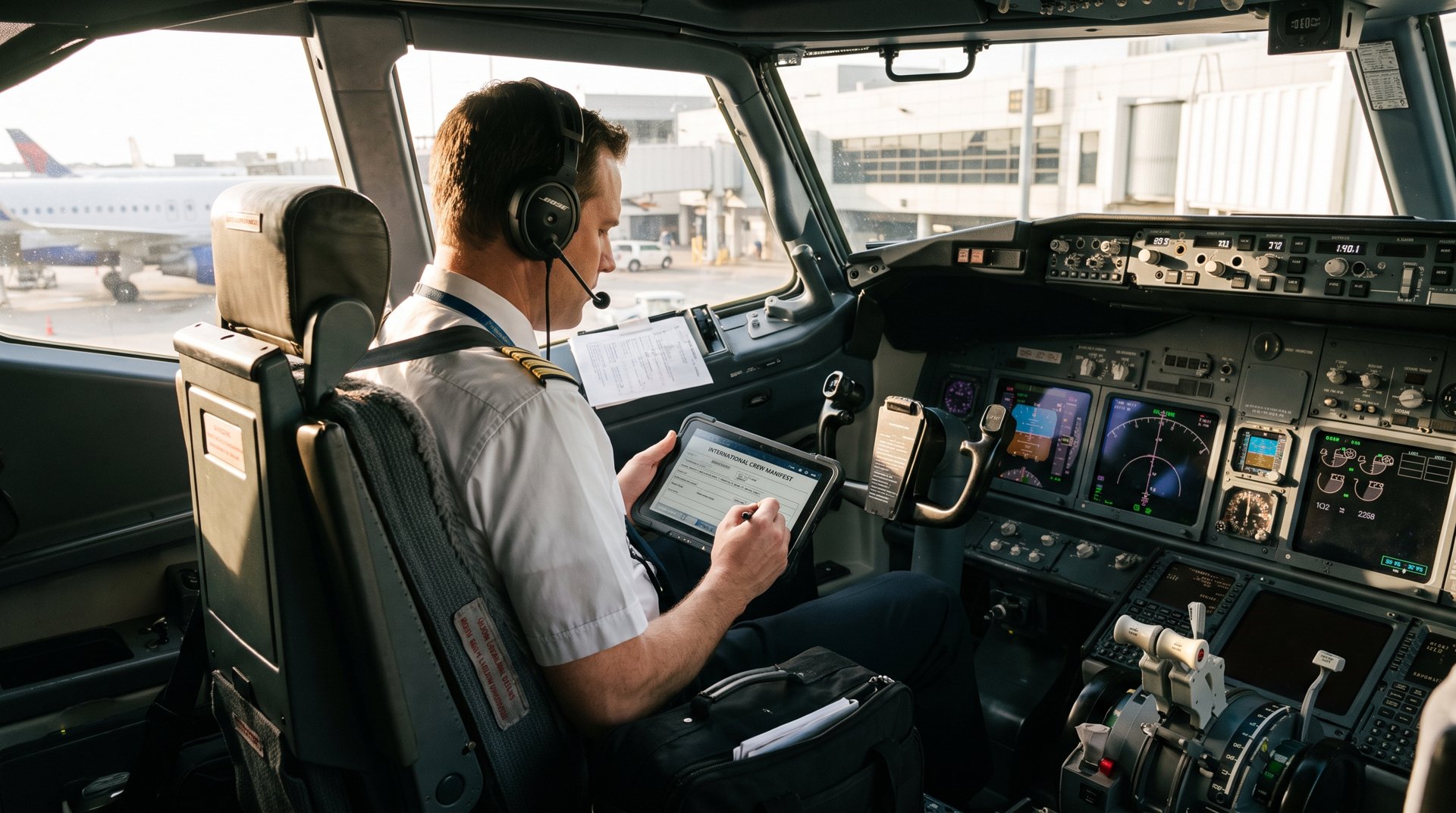 Pilot filing an electronic crew manifest on a tablet in the cockpit before an international departure